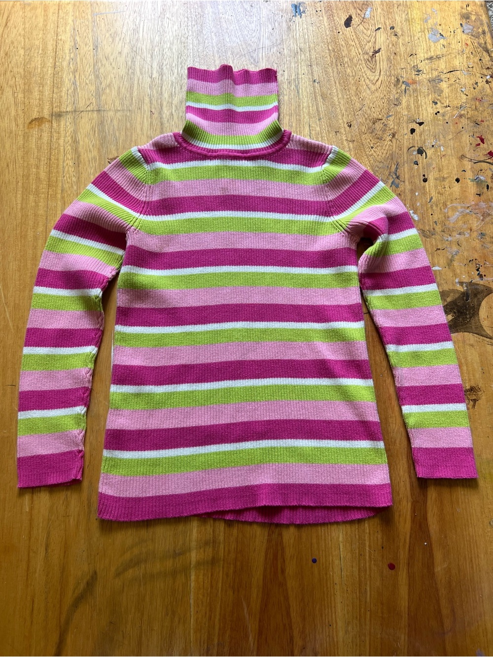 Y2K 2009 pink + white + green 100% cotton striped turtleneck